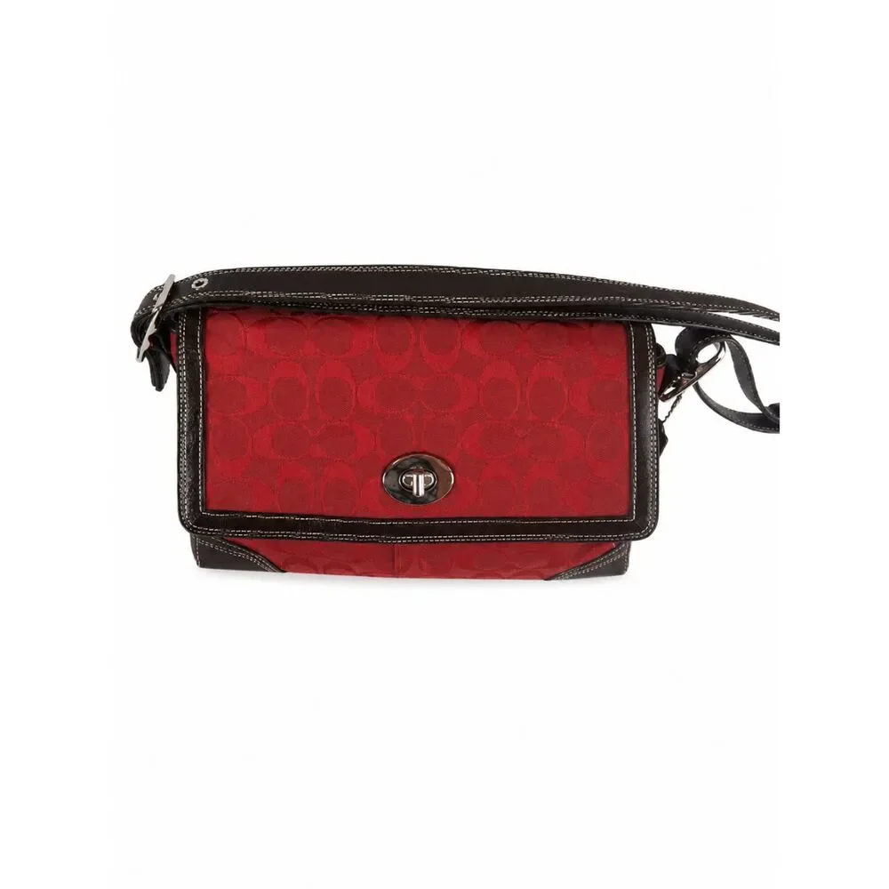 Coach Red Signature Jacquard Flap Crossbody Shoulder Bag Brown Leather F13947
